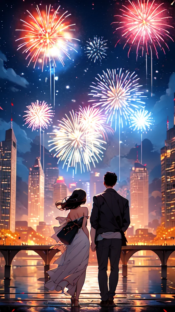 woman and man standing on a bridge, view from behind, looking up at the sky, fireworks, night time, masterpiece, 8k, high resolution, shallow depth of field, sharp focus
