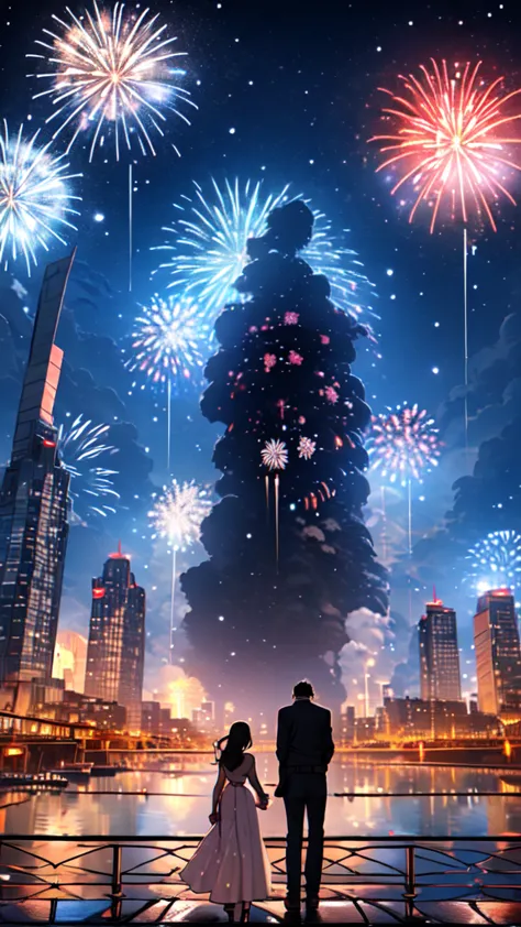 woman and man standing on a bridge, view from behind, looking up at the sky, fireworks, night time, masterpiece, 8k, high resolu...