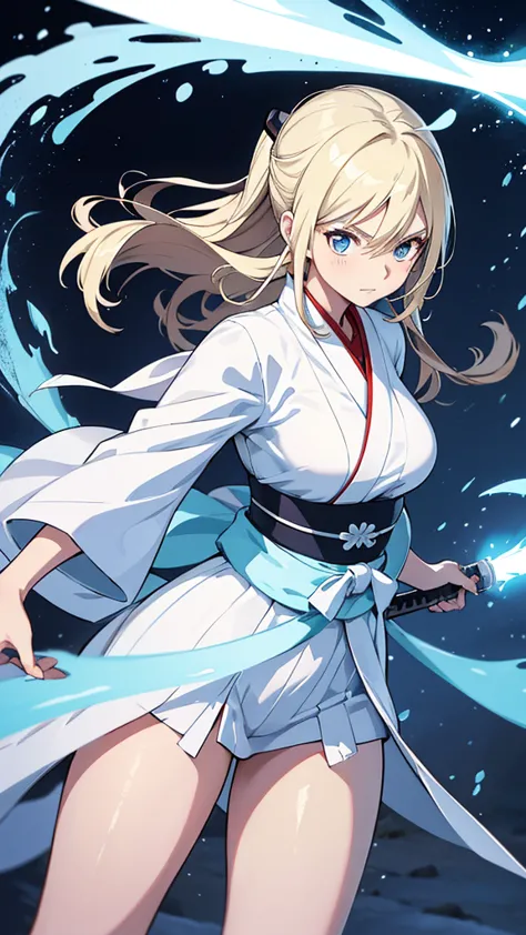 1 adult women, look alike of okita souji, long blonde hair, blue eyes, carries a sword, using her snow elemental powers, she has...