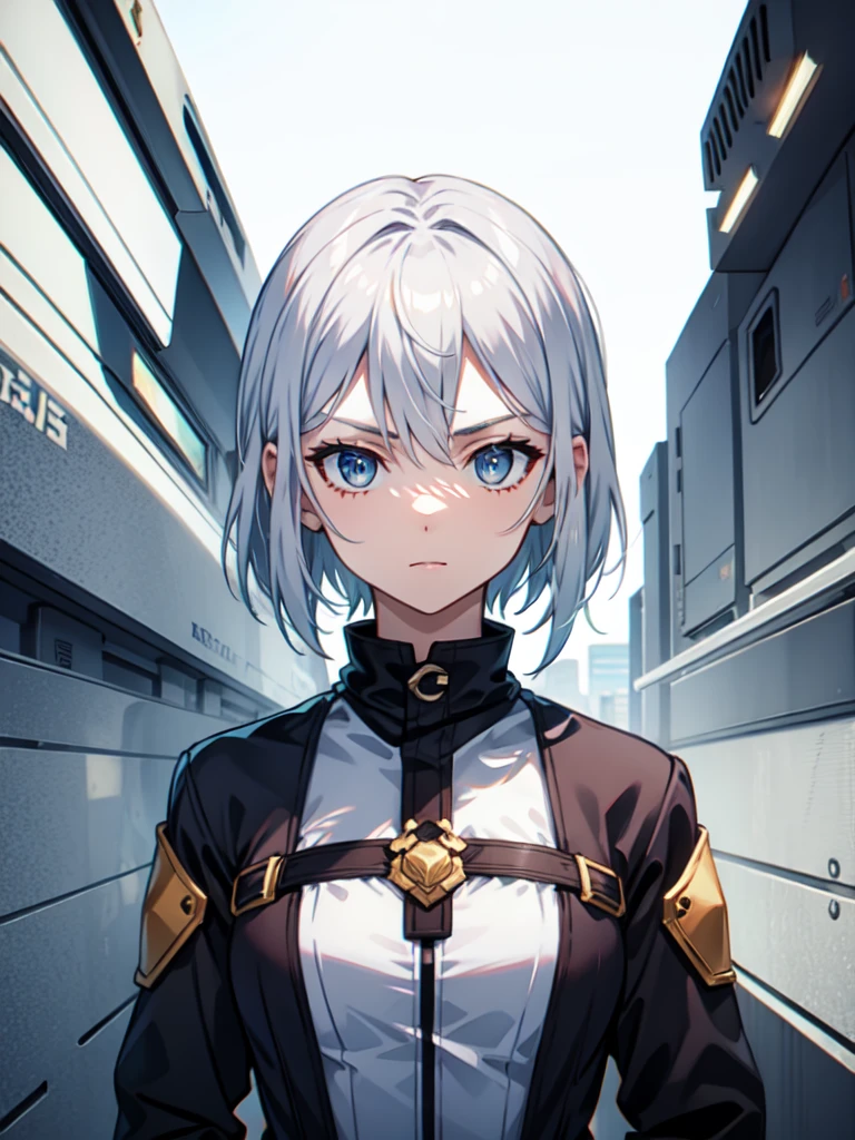 1 girl, white hair, sharp eyes, light blue eyes, bow, serious look, masterpiece, high quality, short hair, whit combat clothes