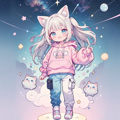 ((Highest quality，masterpiece，Extremely complex and exquisite details，A short girl with gray and blue cat ears and long hair is ...
