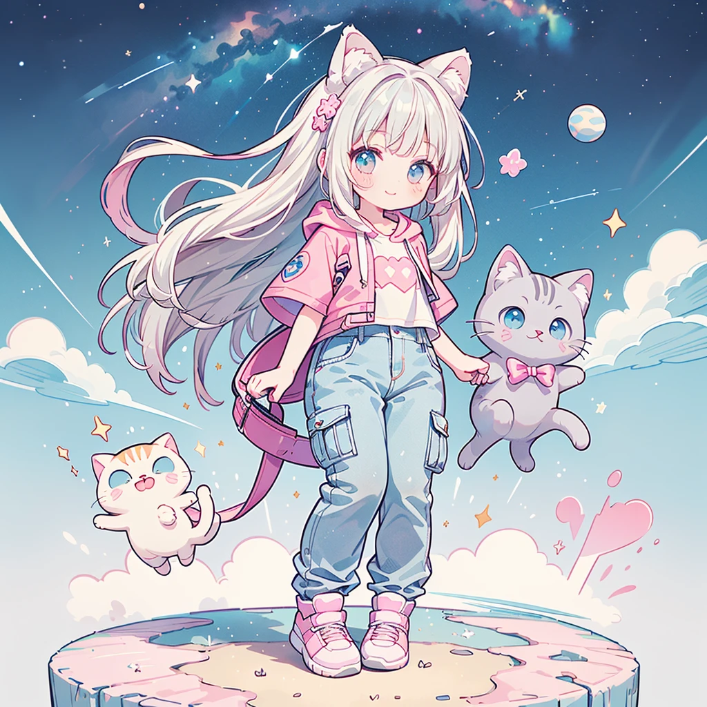 ((Highest quality，masterpiece，Extremely complex and exquisite details，A short girl with gray and blue cat ears and long hair is in the center，Gray blue super long straight hair，Curly hair at the ends，Sparse air bangs，Gray and pink T-shirt with xJ lettering，Denim hooded cropped jacket，Black and gray long cargo pants))，(pink and white sneakers，Smile slightly，Surrounded by tons of cute short-legged cats，Correct anatomy)，Super Q super cute short full body portrait，Starry sky background vertical painting space scene