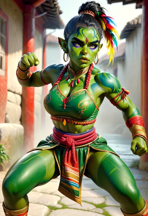 (a beautiful orc woman warrior with green skin, tusks, 6 pack abs, toned muscles, long single braid with bun, east indian clothi...