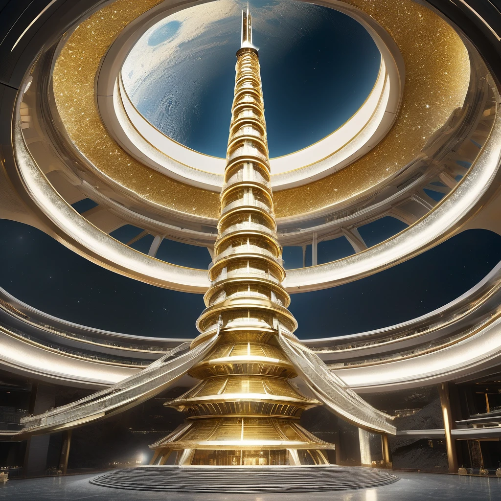 an iconic building on the Moon, futuristic circular conical design with 5 floors crescent like a staircase, pure crystal, gold, and diamond, at the top a Chinese flag flagpole and fluttered mast, panorama view from the air