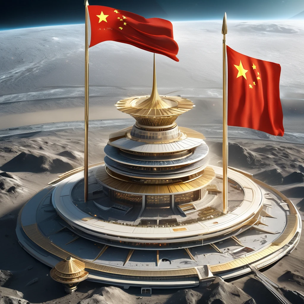 an iconic building on the Moon, futuristic circular conical design with 5 floors crescent like a staircase, pure crystal, gold, and diamond, at the top a Chinese flag flagpole and fluttered mast, panorama view from the air