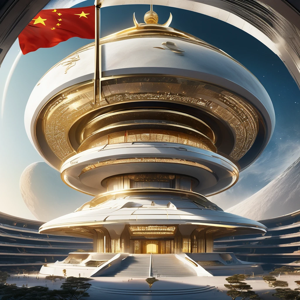 an iconic building on the Moon, futuristic circular conical design with 5 floors crescent like a staircase, pure crystal, gold, and diamond, at the top a Chinese flag flagpole and fluttered mast, panorama view from the air