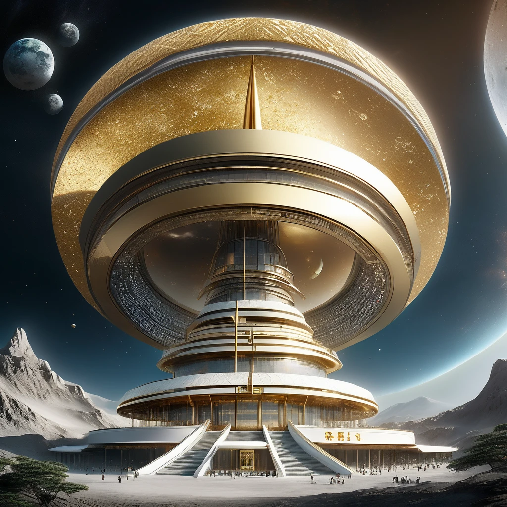 an iconic building on the Moon, futuristic circular conical design with 5 floors crescent like a staircase, pure crystal, gold, and diamond, at the top a Chinese flag flagpole and fluttered mast, panorama view from the air