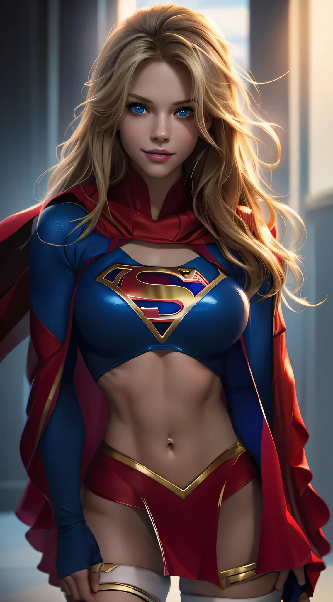 The character supergirl, 完美的蓝色和红色服装与传统 "s" 在胸口, 红斗篷, 闪亮的小蓝眼睛, 极其美丽的金发, 美丽的笑容 , 完美的身体结构和极其美丽的脸庞, 超现实的脸 