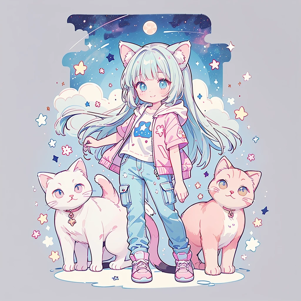 ((Highest quality，masterpiece，Extremely complex and exquisite details，A short girl with gray and blue cat ears and long hair is in the center，Gray blue super long straight hair，Curly hair at the ends，Sparse air bangs，Gray and pink T-shirt with xJ lettering，Denim hooded cropped jacket，Black and gray long cargo pants))，(pink and white sneakers，Smile slightly，Surrounded by tons of cute short-legged cats，Correct anatomy)，Super Q super cute short full body portrait，Starry sky background vertical painting space scene