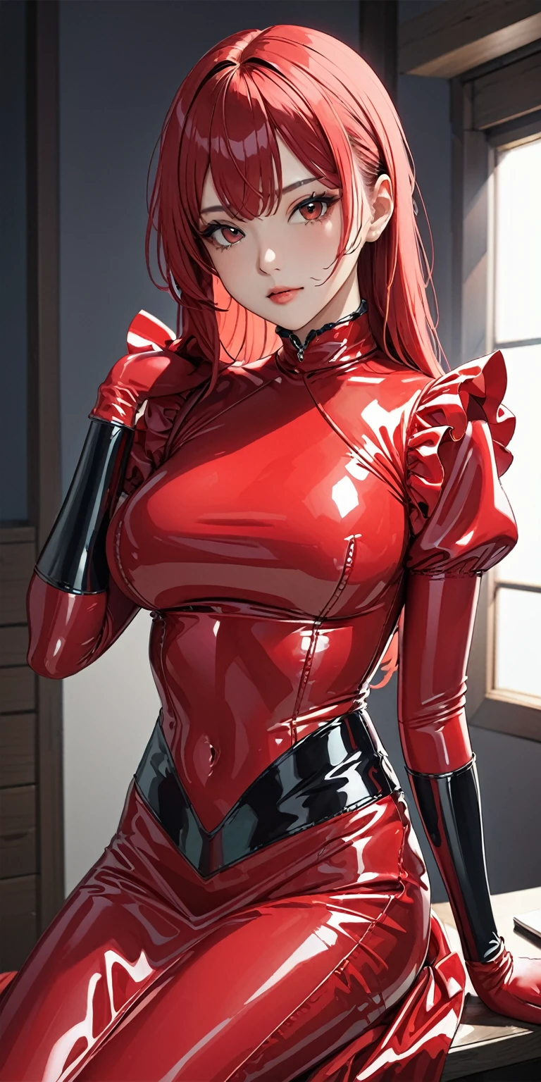 Portraiture、(masterpiece,Highest quality,Ultra-high resolution),Japanese women, (((Very beautiful 25 year old girl))),(Bright red latex maid outfit)、((Bright red latex long skirt))、(A bright red long-sleeved latex shirt covering the upper body)、Bright red latex gloves、Bright red latex socks、(Bright red latex bodysuit)、Frills、The clothes fit perfectly、Latex has a very strong shine..、Dark Room、