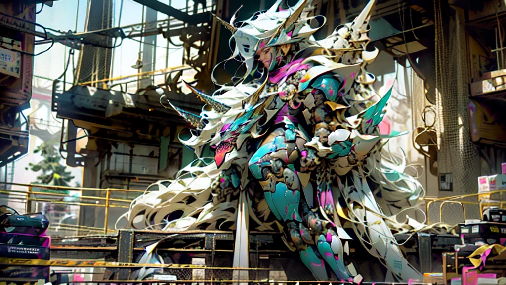 Unicorn Anthropomorphic Female High detail White hair Purple pupils, full body woman as an archangel, with black purple cyberdroid, mecha-armor, wearing a short blusher veil, messy hairdo, golden mecha-halo on top of the head, heavy Arch angel mecha-wings, visible face, big chest, bikini armor