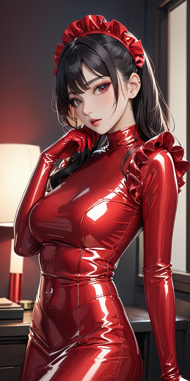 Portraiture、(masterpiece,Highest quality,Ultra-high resolution),Japanese women, (((Very beautiful 25 year old girl))),(Bright red latex maid outfit)、((Bright red latex long skirt))、(A bright red long-sleeved latex shirt covering the upper body)、Bright red latex gloves、Bright red latex socks、(Bright red latex bodysuit)、Frills、The clothes fit perfectly、Bright red latex has a strong metallic sheen.、Dark Room、