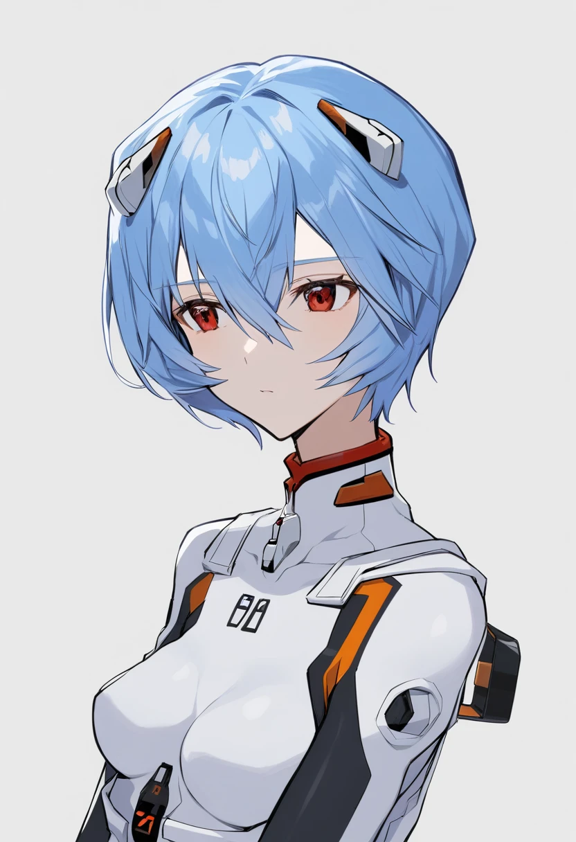 Una chica, rei ayanami, alone, ojos rojos, traje enchufable, cabello corto, pelo azul, pecho, Bodies, Parte superior del cuerpo, Fondo blanco, white Bodies, fondo sencillo, auriculares de interfaz, Golpes, Boca cerrada, pelo entre los ojos, medium pecho, calidad media, lento, 