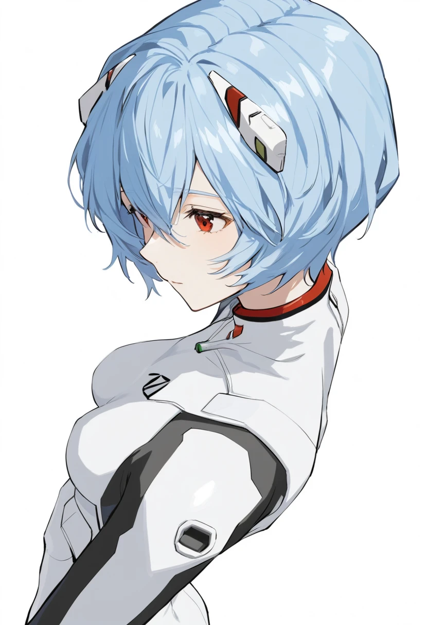 One girl, Ayanami Rei, alone, Red eyes, Plug Suit, short hair, Blue Hair, chest, Bodysuits, Upper Body, White Background, white Bodysuits, Simple Background, Interface Headset, bangs, Mouth closed, Hair between the eyes, medium chest, medium quality, slow, 