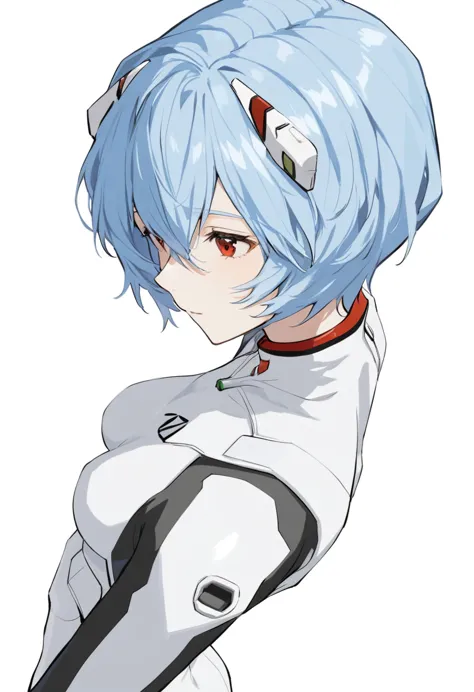 One girl, Ayanami Rei, alone, Red eyes, Plug Suit, short hair, Blue Hair, chest, Bodysuits, Upper Body, White Background, white ...