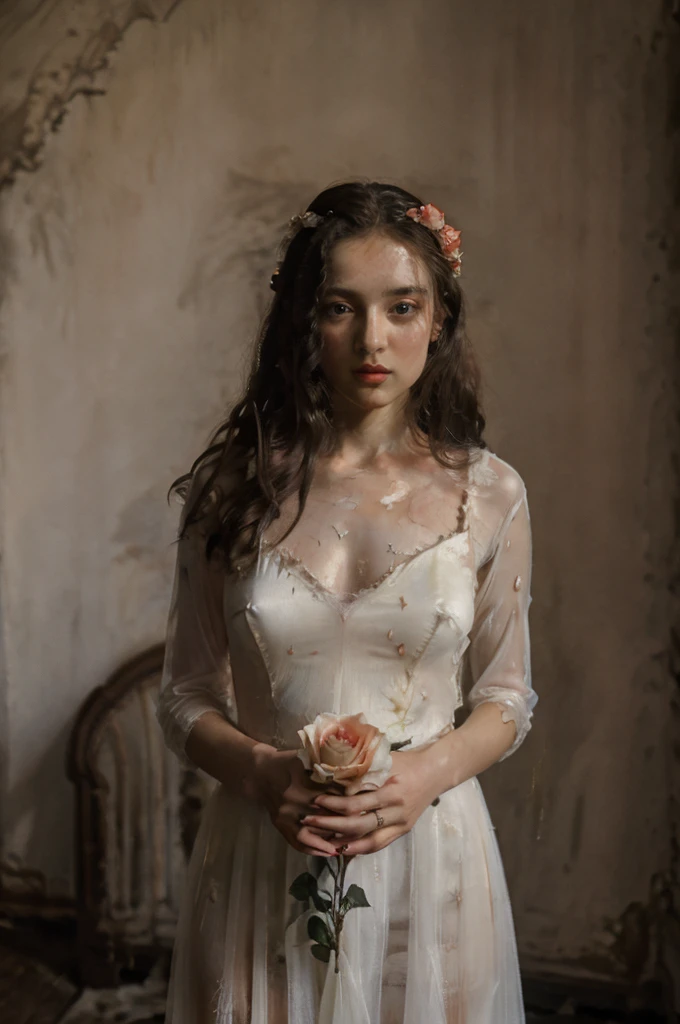 a oil paint beautiful young woman, ((woman looks at camera)) standing, white dress, transparent silk, full body, ((bare feet)), ((red rose in hands)) bright, decadent room, peeling wall, paint worn, old and worn sofa, old photography, delicate skin, beautiful detailed eyes, beautiful detailed lips, extremely detailed face, long eyelashes, slender figure, warm lighting, jenror2023, 1 girl, 8k, uhd, best quality, artistic trend, photorealistic , masterpiece, RAW image, skin pores, detailed skin, hazel eyes, old haunted house, dark dramatic lighting, \(theme\), 1930s \(Nick Alm style\),