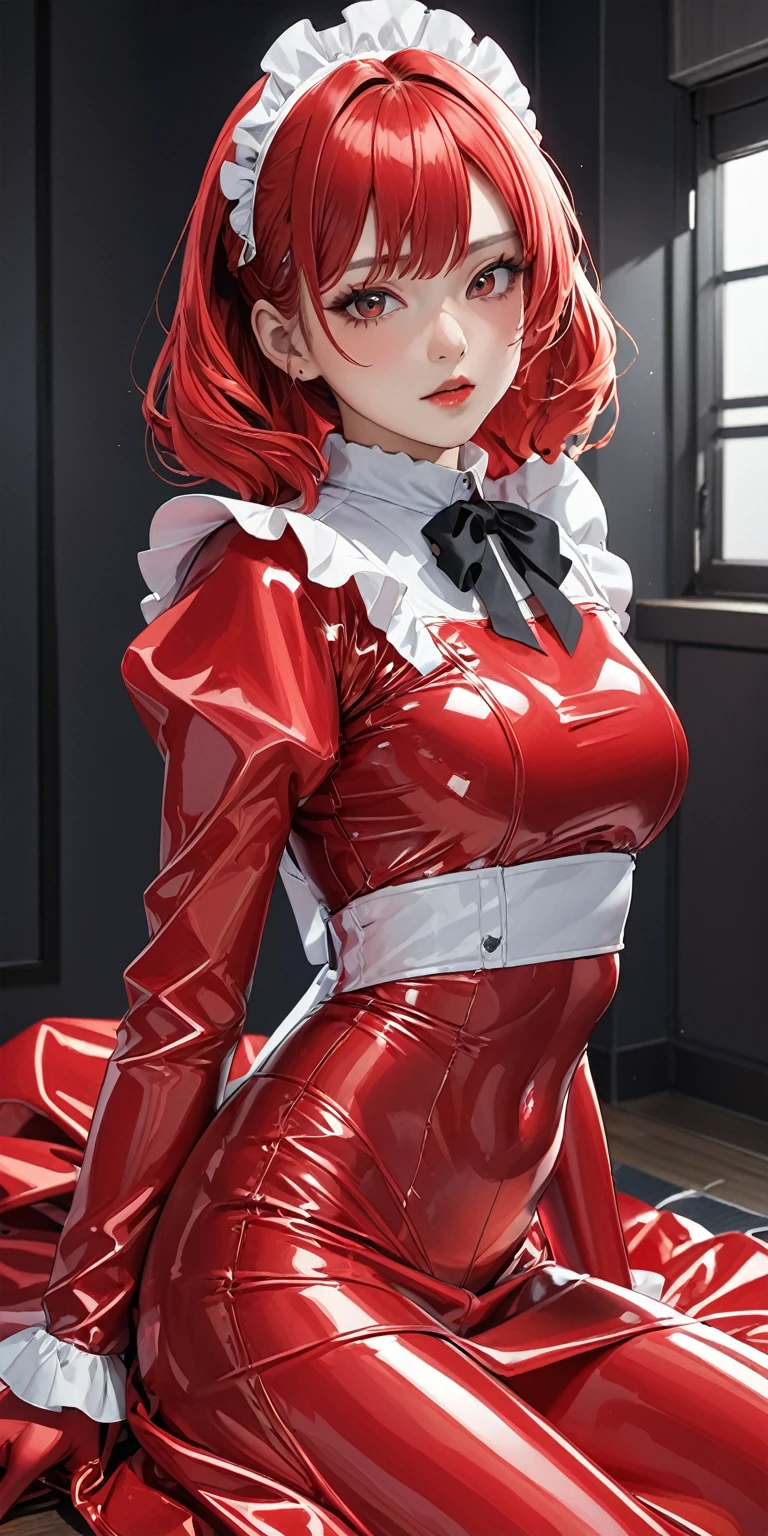 Portraiture、(masterpiece,Highest quality,Ultra-high resolution),Japanese women, (((Very beautiful 25 year old girl))),(Bright red latex maid outfit)、((Bright red latex long skirt))、(A bright red long-sleeved latex shirt covering the upper body)、Bright red latex gloves、Bright red latex socks、(Bright red latex bodysuit)、Frills、The clothes fit perfectly、Bright red latex has a strong metallic sheen.、Dark Room、