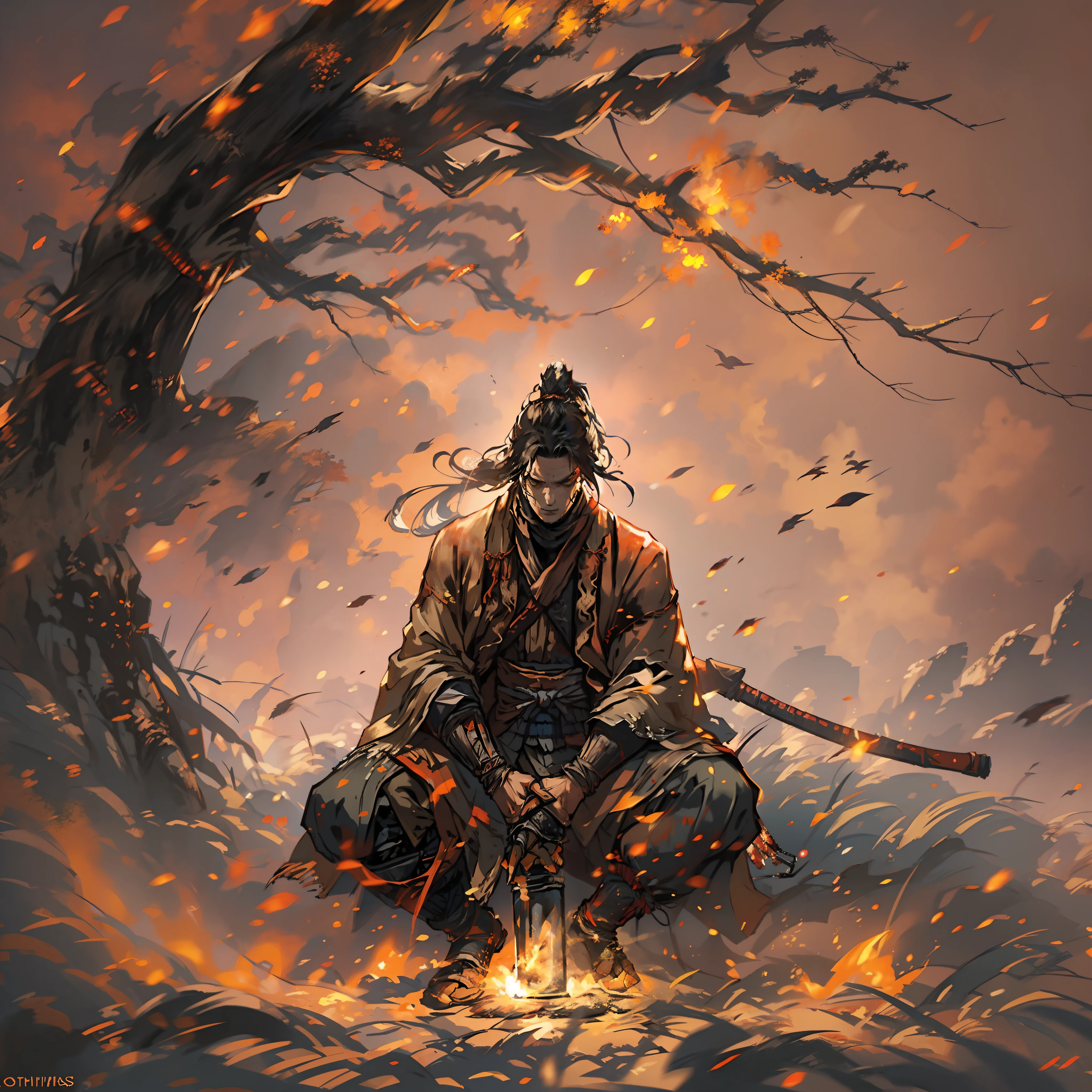 1 men, just, Anel Elden, meditating with a torch, sitting by the fire, Transmitted by blood, darksouls, (((SEKIRO Shadows Die Twice))),