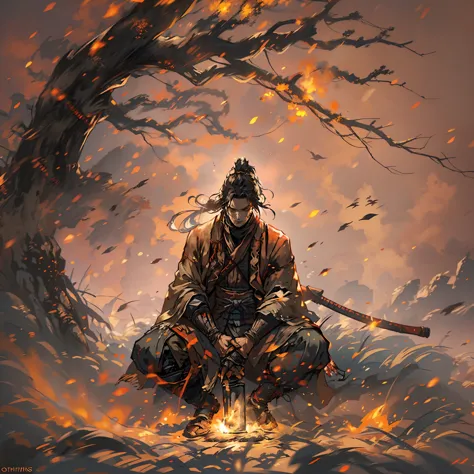 1 men, just, Anel Elden, meditating with a torch, sitting by the fire, Transmitted by blood, darksouls, (((SEKIRO Shadows Die Tw...