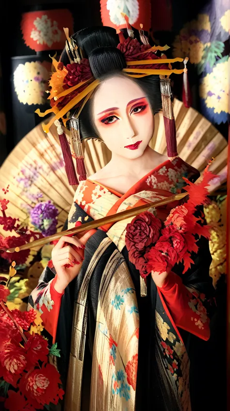 beautiful courtesan woman, the perfect courtesan face, perfect courtesan body,oiran makeup,oiran hairstyle, are standing, smile,...