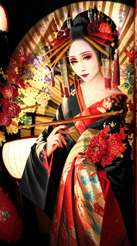 beautiful courtesan woman, the perfect courtesan face, perfect courtesan body,oiran makeup,oiran hairstyle, are standing, smile,...