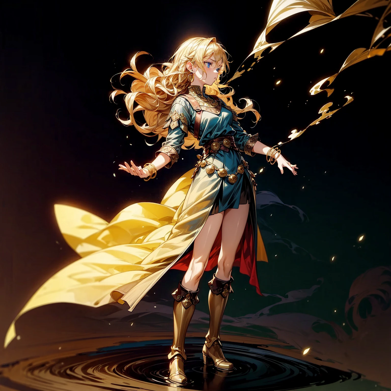 1girl, Full body version, 1character, adult version, blue eyes color, long Curly haircut, blonde colour hair, Gold earrings, gold bracelets, medieval style clothing, black armor, long boots, knife Assassin in hand Grassroots, background in castle square, motion blur, standing gesture, smoke effect, lighting, lighting gold, plasma effect, aura effect, (attack on Titan style art) 