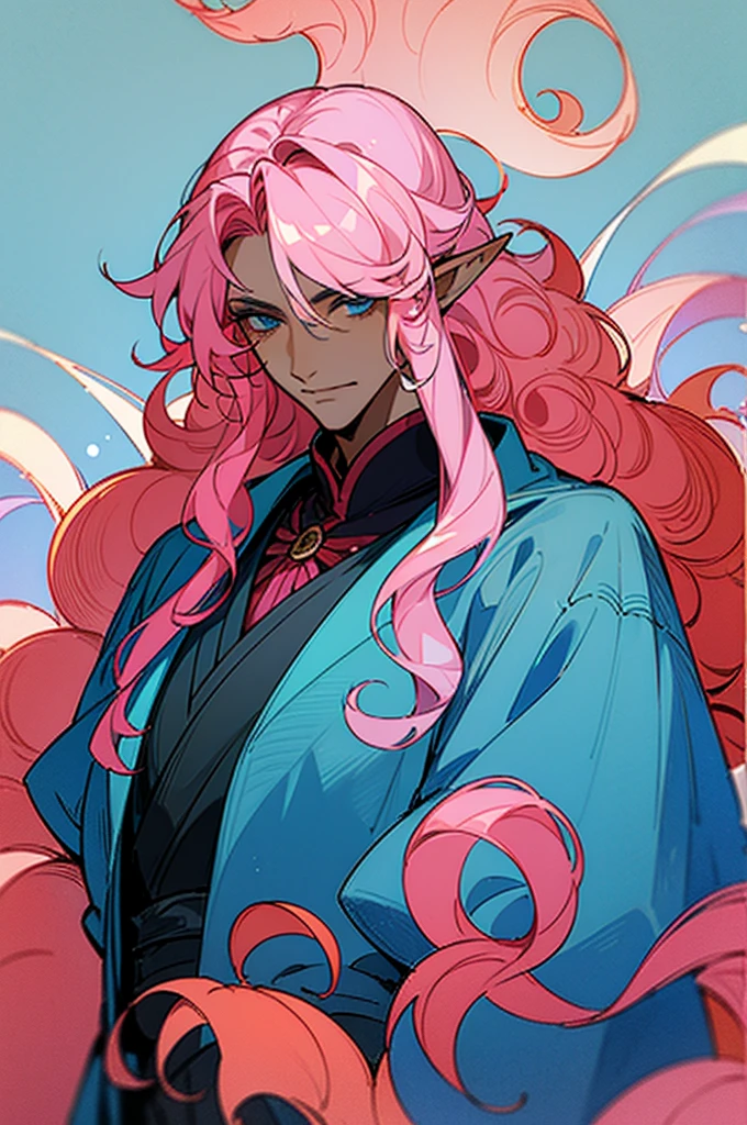 ((masterpiece)), ((one man)), man, man in late 30s, dark skin, blue eyes, detailed eyes, elve ears, pink hair, long hair, long curly hair, ((curly hair)), curly hair, tall, handsome, mature, blue clothes,
