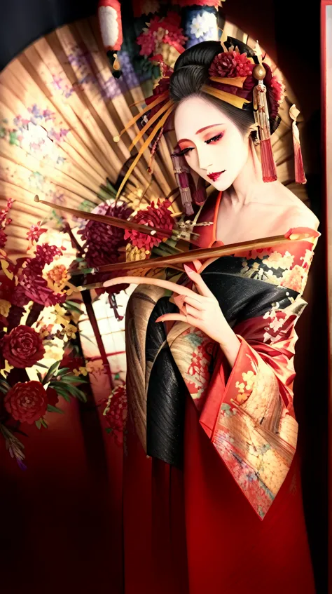 a cute smiling girl with round face, holding a fan, detailed facial features, elegant kimono, delicate skin, beautiful eyes, hig...