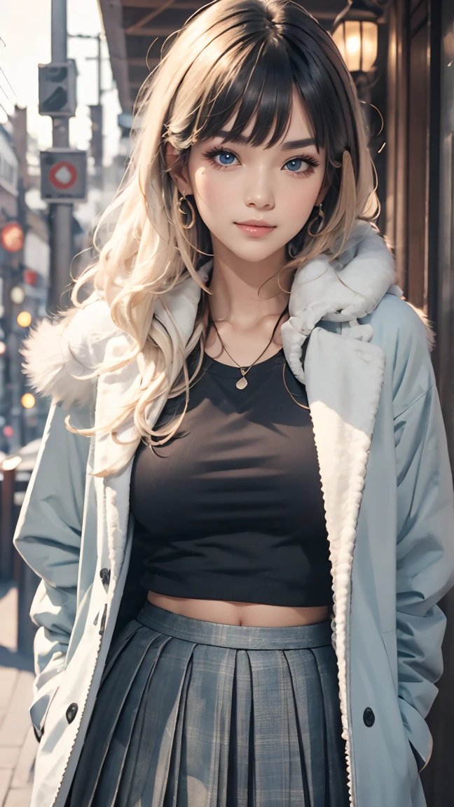 (masterpiece:1.2, best quality), (real picture, intricate details), 1lady, solo, upper body, casual, long hair, minimal makeup, natural fabrics, close-up face, smile, home, long light platinum blonde hair, bangs, wavy hair, voluminous hair, green eyes, big breasts, cold clothing, cute clothes, pleated skirt, black skirt, beautiful clothing, blue parkas, blue coat, coat with fur, blue coat white fur, bangs on forehead, Korean bangs, cute bangs. risbeauty asia,