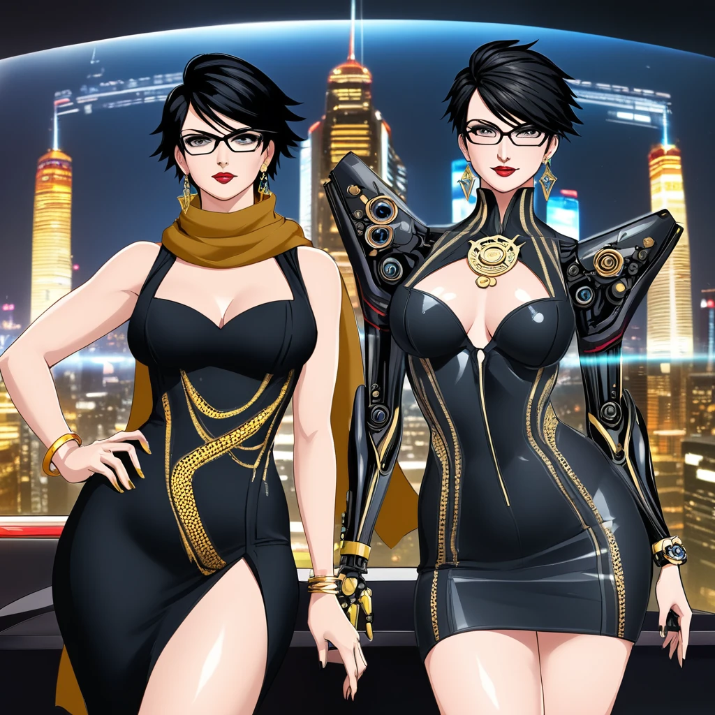 grande femme magnifique, Bayonetta, vêtements cyberpunk, Implants cybernétiques, Cheveux courts, lunettes chics noires, grand foulard beige, boucle d'oreille en or, robe noire, bracelet en or, botte noire