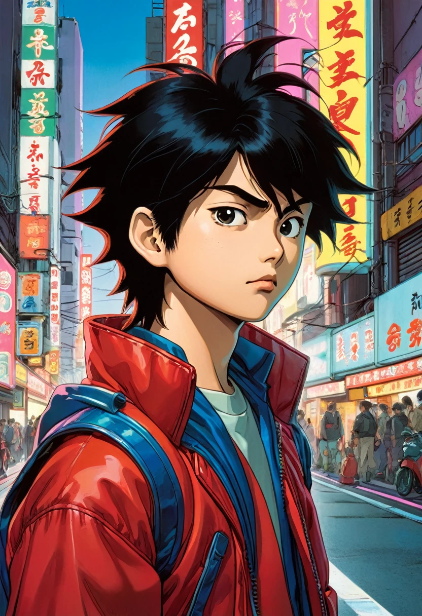 Subject: Japanese boy
Description: Youthful, vibrant, with mutton chop beards accentuating cheekbones. Spiked hair with a mullet and long sides, exuding a rebellious energy.

Environment: A colorful urban backdrop with neon signs, bustling streets, and futuristic elements, reminiscent of 80s Tokyo.

Mood/Feelings: A mix of nostalgia and excitement. The atmosphere is lively, energetic, and filled with a sense of adventure.

Artistic Medium/Techniques: Vibrant colors, high contrast, and bold linework. Playful use of exaggerated proportions and dynamic poses.

Artists/Illustrators/Art Movements: Inspired by the works of Katsuhiro Otomo (creator of Akira), Hayao Miyazaki (Studio Ghibli), and the vibrant aesthetics of 80s anime.