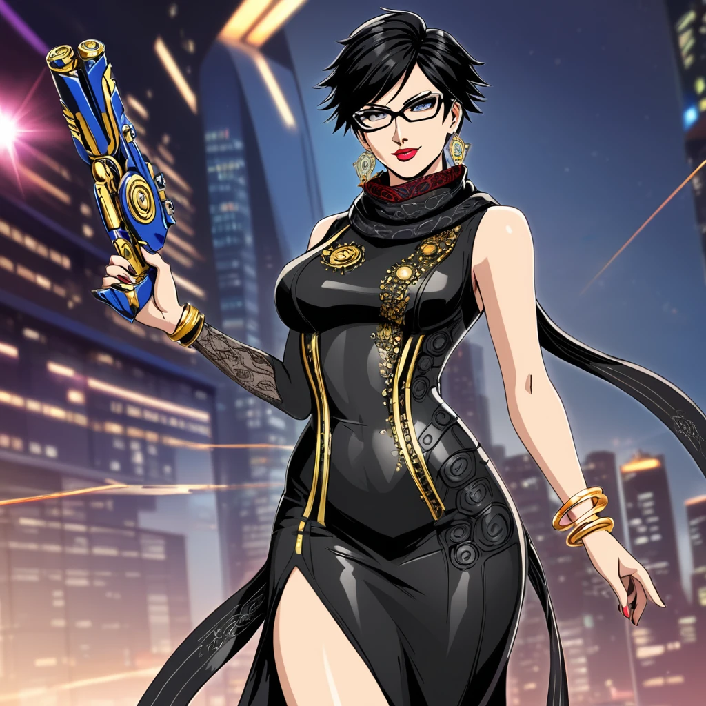 tall beautyfull woman, bayonetta, cyberpunk clotches, cybernetic implants, short hair, black chic glasses, big beige colors scarf, golden earring, black dress, golden bracelet, black boot