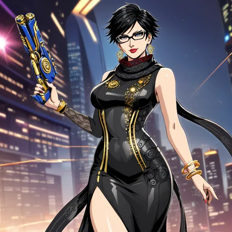 tall beautyfull woman, bayonetta, cyberpunk clotches, cybernetic implants, short hair, black chic glasses, big beige colors scar...