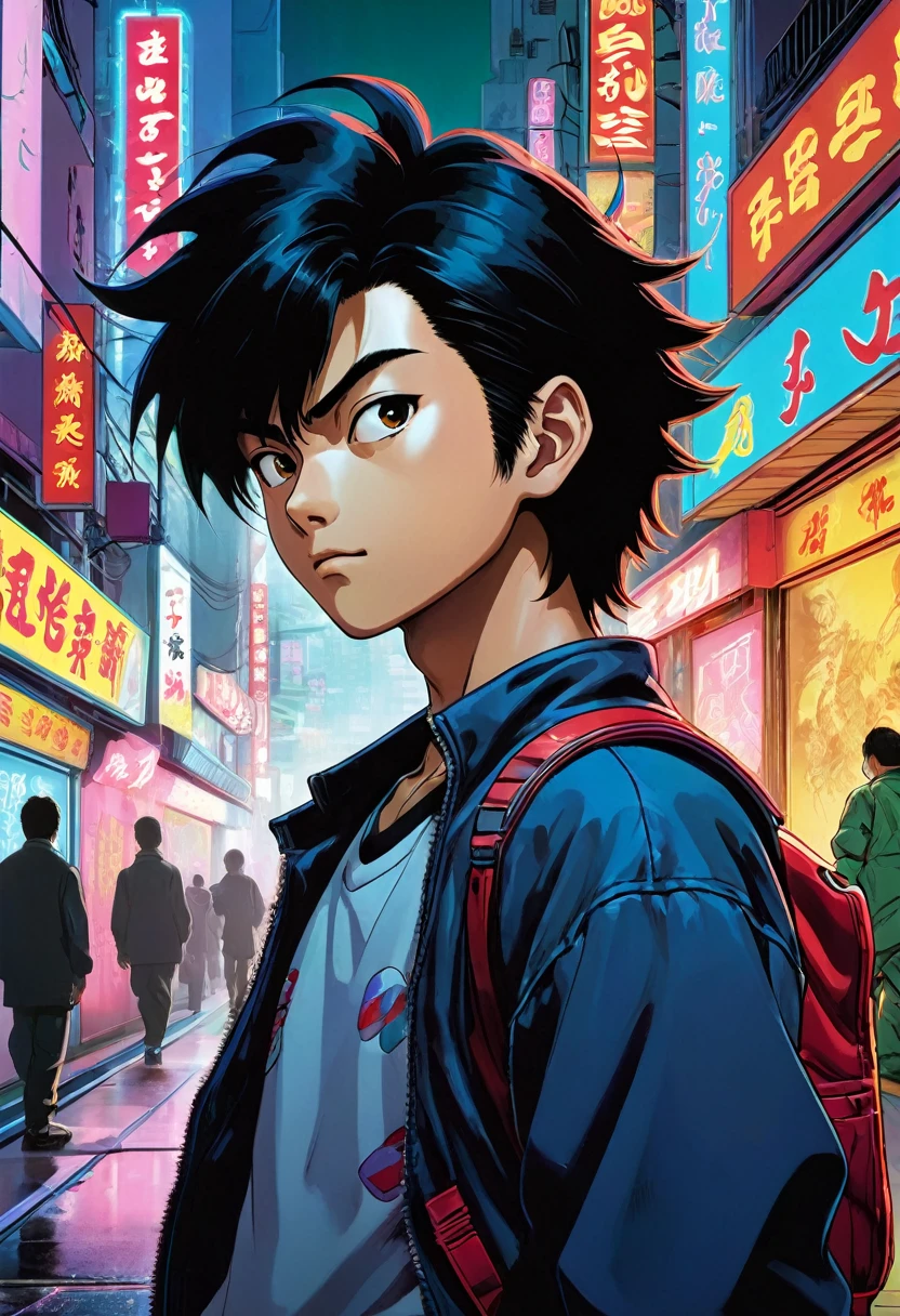 Subject: Japanese boy
Description: Youthful, vibrant, with mutton chop beards accentuating cheekbones. Spiked hair with a mullet and long sides, exuding a rebellious energy.

Environment: A colorful urban backdrop with neon signs, bustling streets, and futuristic elements, reminiscent of 80s Tokyo.

Mood/Feelings: A mix of nostalgia and excitement. The atmosphere is lively, energetic, and filled with a sense of adventure.

Artistic Medium/Techniques: Vibrant colors, high contrast, and bold linework. Playful use of exaggerated proportions and dynamic poses.

Artists/Illustrators/Art Movements: Inspired by the works of Katsuhiro Otomo (creator of Akira), Hayao Miyazaki (Studio Ghibli), and the vibrant aesthetics of 80s anime.