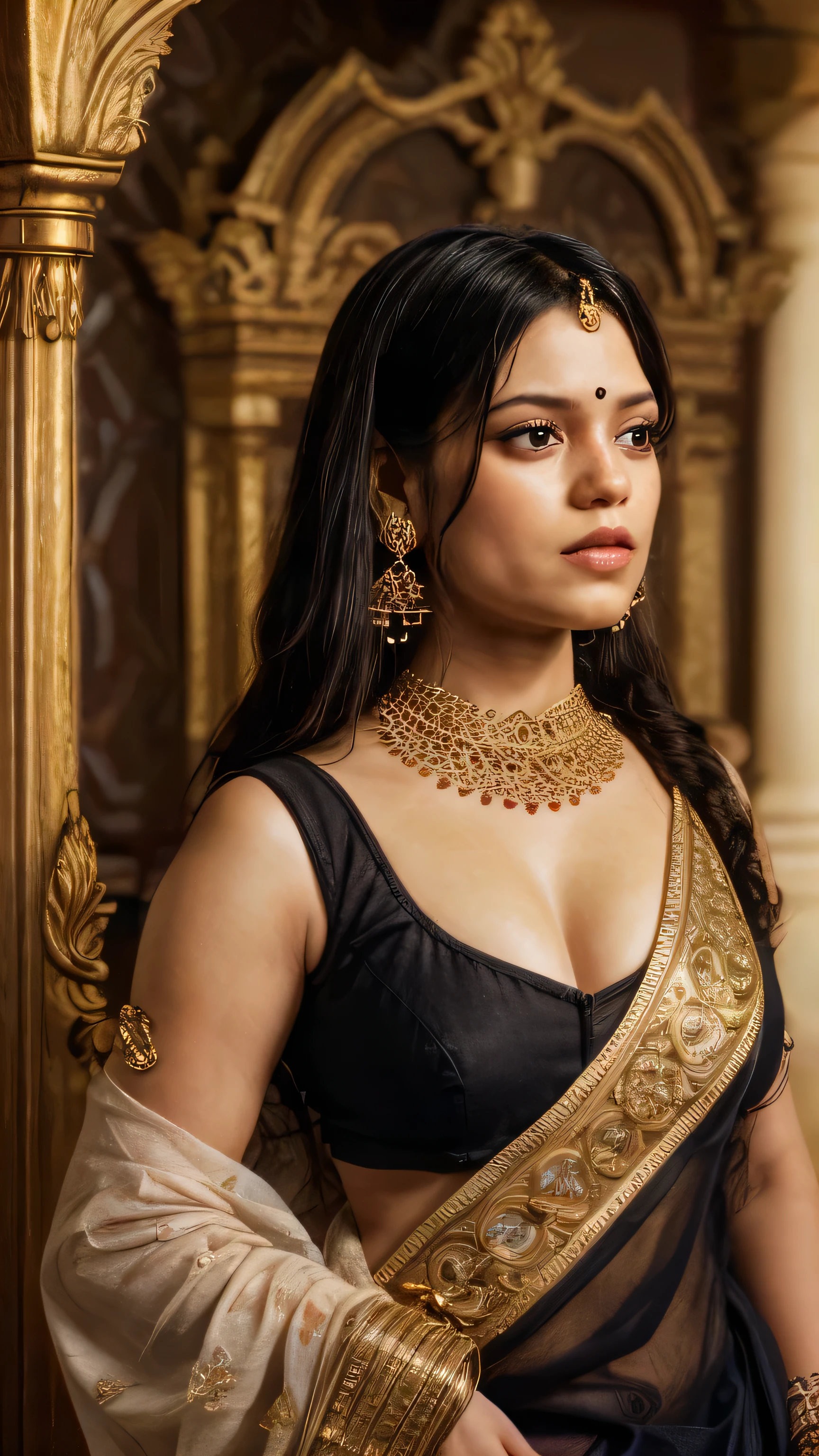 best quality,ultra-detailed,(realistic:1.37),portrait,Gujarati Indian goddess,meldi,hyper realistic portrait of Indian Gujarati goddess meldi,black goat,vahana,goat in the portrait,detailed goat figure,golden light,serene expression,elegant pose,ornate jewelry,flowing hair,soft shadows,rich colors,divine aura,ethereal background,sacred atmosphere