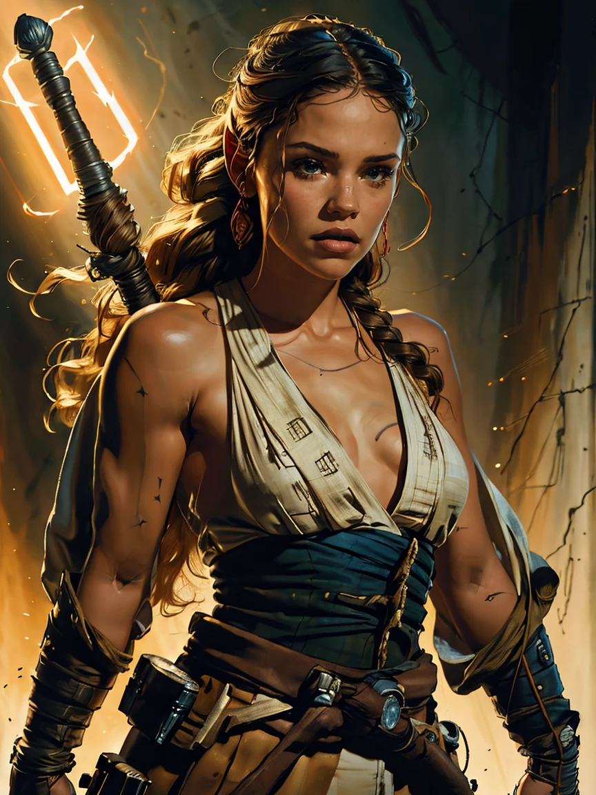 a female Obi-Wan Kenobi jedi based on Jenna Ortega, Star Wars, highly detailed cinematic fantasy portrait, black outlining, full color illustration, in the style of BORIS VALLEJO & JULIE BELL, masterpiece, 8k, ultra-detailed, physically-based rendering, vivid colors, dramatic lighting, intricate background, photorealistic