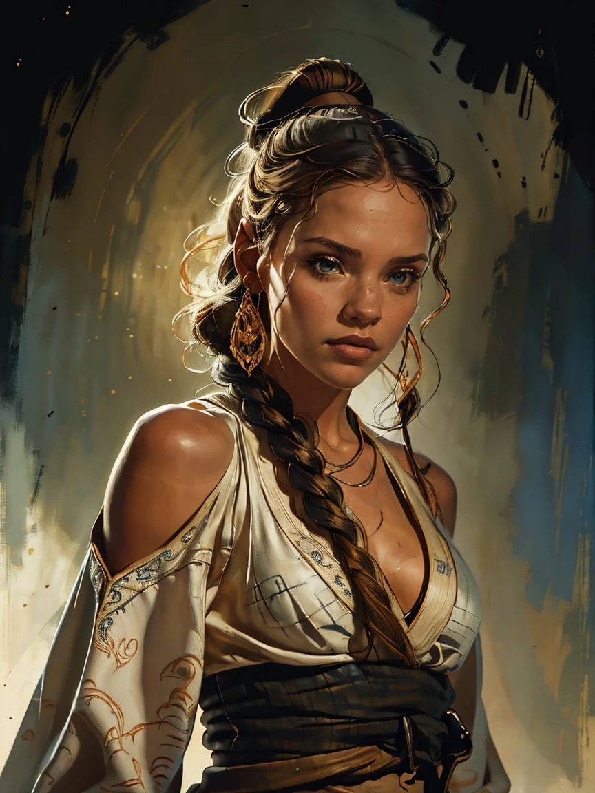 a female Obi-Wan Kenobi jedi based on Jenna Ortega, Star Wars, highly detailed cinematic fantasy portrait, black outlining, full color illustration, in the style of BORIS VALLEJO & JULIE BELL, masterpiece, 8k, ultra-detailed, physically-based rendering, vivid colors, dramatic lighting, intricate background, photorealistic