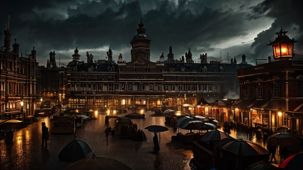 (ロンドンのビクトリア朝時代のドラマチックな場所に位置する, 1840年) ドラマチックな赤いランタンの明かりが灯るスラム街の夜市のフリーマーケット) 素朴な背景の要素の詳細, 暗い, 夜景, 光がない, シェード, 影, 嵐の夜の映画, 詳細環境風景, 人々はその市場で交流する, 少し雨が降る状況, 人々は傘をさしている フォーマットの美しさ, シェードs, 彩度を下げる, ウルトラHD, 富士フイルムXF56mmfで撮影/1.2 R レンズ. 長期露出, 8K 解像度