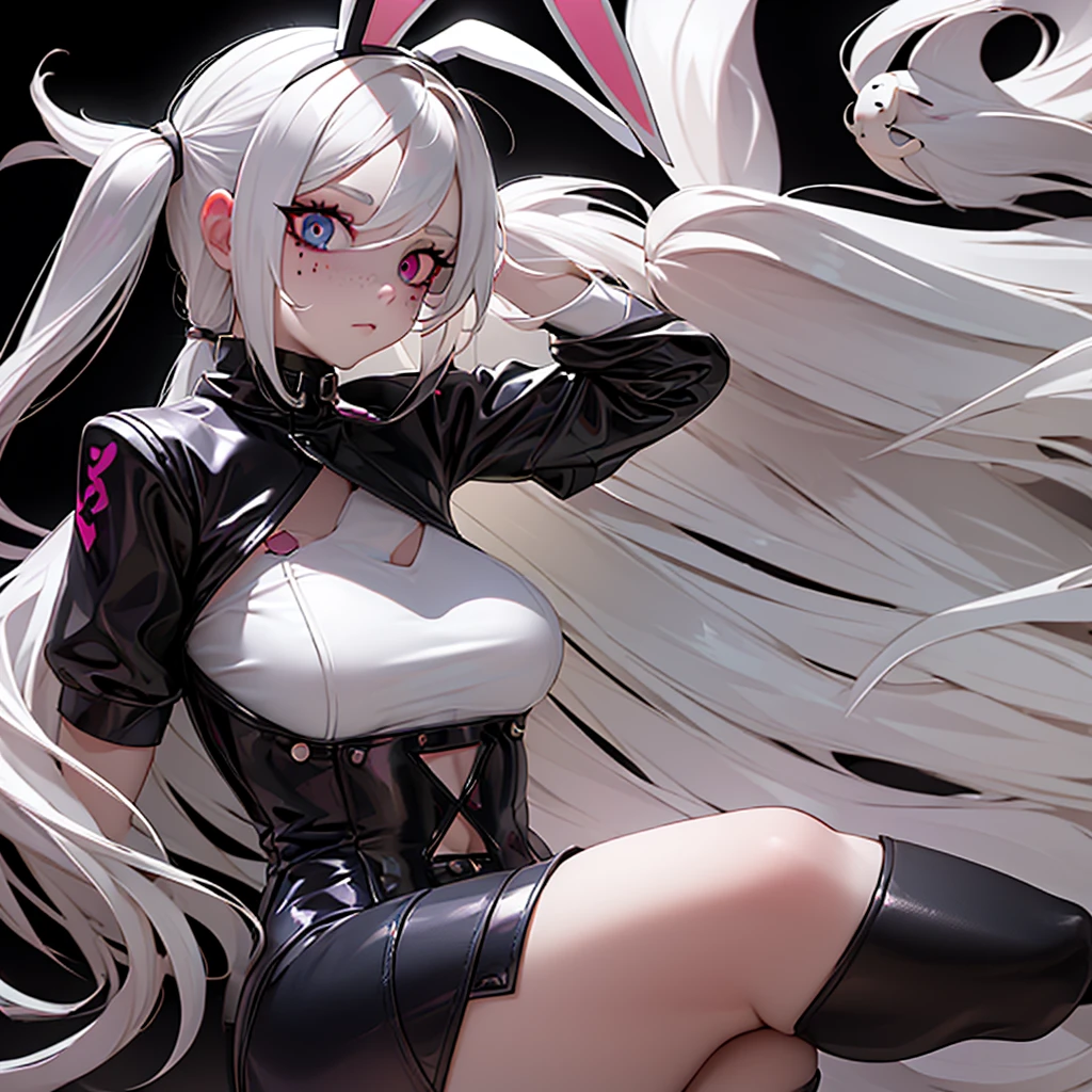 ((1Girl)) ((Bunny girl)) ((Bunny ears)) ((Bunny tail)) ((Cultist)) ((Cult leader))

She has long white hair that touches the ground, she has heterochromia iridium, her left eye is red, and her right eye is black, she has pale skin, with freckles all over, she has long brown bunny ears, and a brown bunny tail, she has bunny whiskers, she dresses in a gothic fashion, wearing skirts, and tiny tops, she has bruised knees, and wears platforms, she is a bunny-human hybrid, she is a cultist, a cult leader, she has bangs covering a hole in her forehead, she has brusies on her body. 