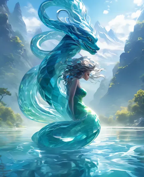 Snake in the shape of a woman, sensual, crystal clear river, monster woman