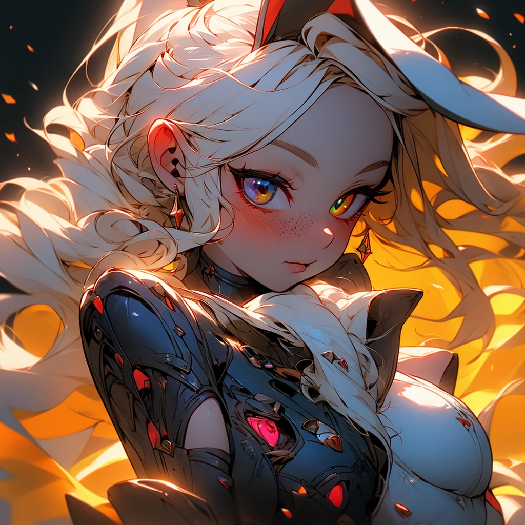 ((1Girl)) ((Bunny girl)) ((Bunny ears)) ((Bunny tail)) ((Cultist)) ((Cult leader))

She has long white hair that touches the ground, she has heterochromia iridium, her left eye is red, and her right eye is black, she has pale skin, with freckles all over, she has long brown bunny ears, and a brown bunny tail, she has bunny whiskers, she dresses in a gothic fashion, wearing skirts, and tiny tops, she has bruised knees, and wears platforms, she is a bunny-human hybrid, she is a cultist, a cult leader, she has bangs covering a hole in her forehead, she has brusies on her body. 