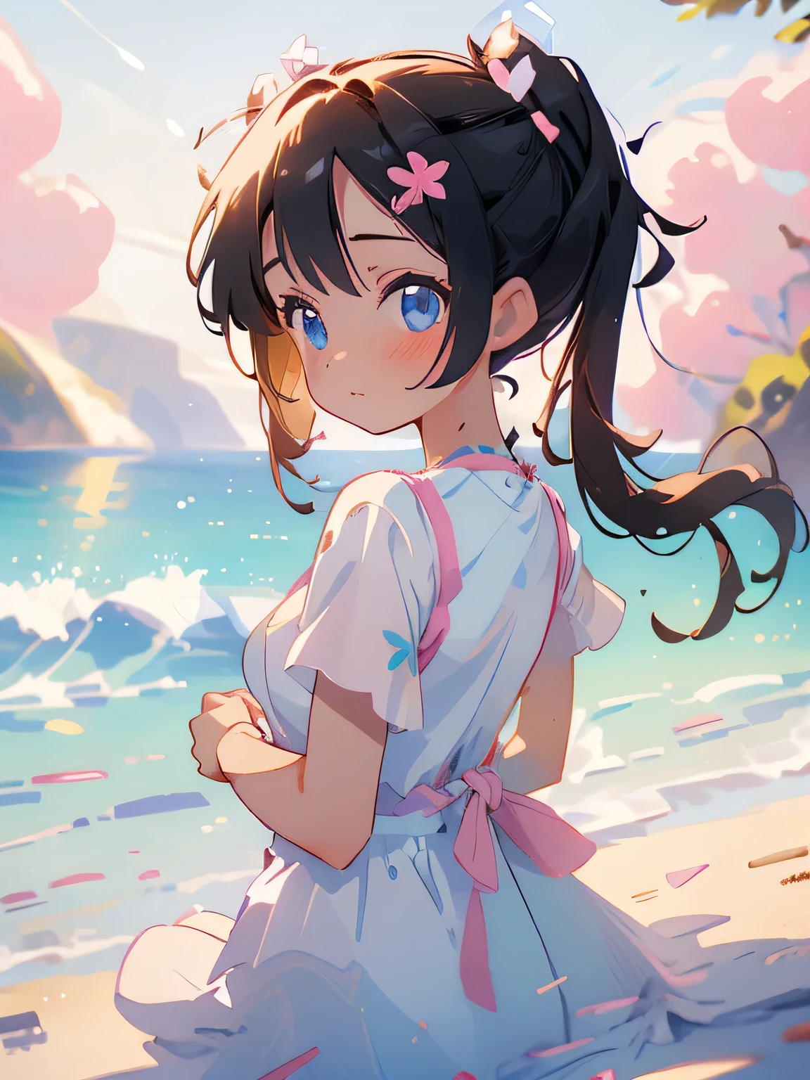 (masterpiece), (best quality), ultra high res, sharp focus, warm pastel tone, ((1 girl, solo)), upper body, side profile shot beautiful detailed hair, ((black hair)), (pink ribowns on the hair), beautiful detailed face, ((beautiful shape eyes, blue eyes)), perfect feminine face, head up, looks up, surprise face, ((blush)), (marnie pokemon), (ponytails), (pink ribbons), (assymmetrical bangs), ((summer)), ((beach)), stars, (pink summer dress), (showing the soulders)