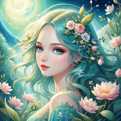 (illustration:1.3) beautiful planet earth with flowers and plants sprouting spring day (by artist anna dittman:1), (((masterpiec...