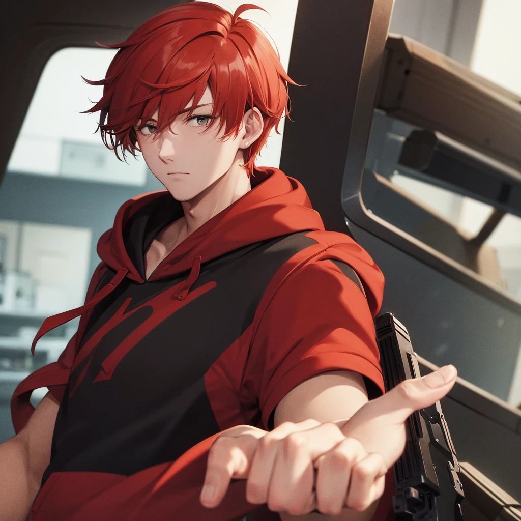 A cool guy with messy red hair wearing a hoodie and holding a gun - SeaArt  AI