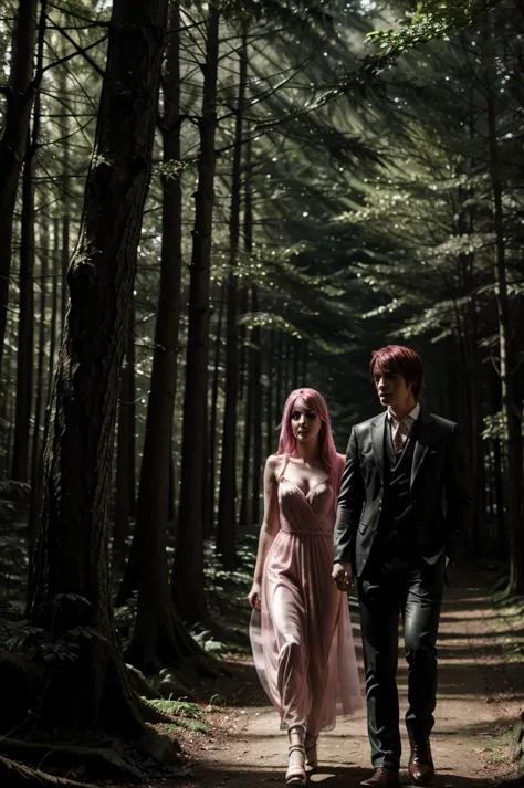 damon salvatore and a pink hair girl  damila walk hand in hand through a dense, misty forest. damon's skin glistens faintly in t...