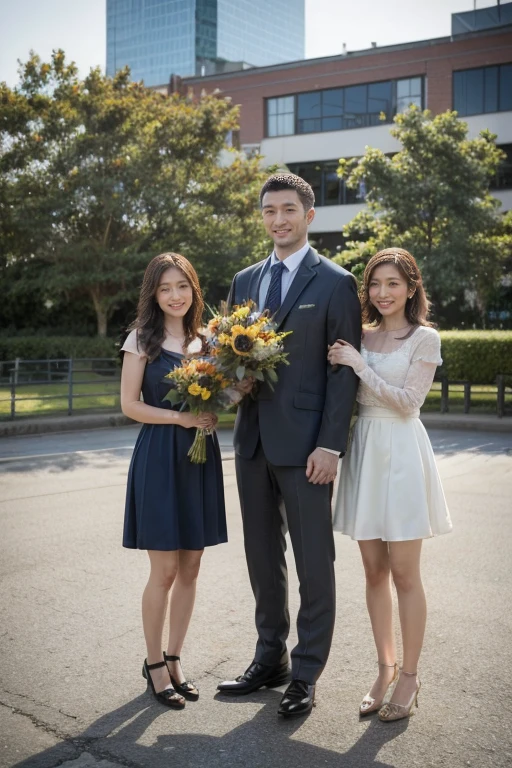 Cinq personnes debout ensemble，tenant un bouquet de fleurs, photo de remise des diplômes,  famille, porter une tenue académique, Troisième cycle, photo prise en 2023, heureux 