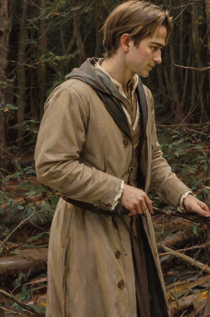 In realistic oil painting portrait of high quality and detail, Rudeus Greyrat (Mushoku Tensei), 19 century style, Classicism, 1man, full body, 1, sharp features, detailed face, sad smiling expression, a tall, well-built young teen man with a handsome appearance. He has light brown hair and green eyes, and he also has a mole under his left eye, dark and moody lighting, portrait, contrasting colors, subtle shadows, mysterious atmosphere, outdoors, dark forest on the background, he stands near the tree, (ultra-high detail:1.2), Masterpiece, Best Quality, Ultra-detailed, Cinematic lighting, 8K, delicate features, cinematic, 35 mm lens, f/1.9, highlight lighting, global lighting –uplight –v 4, Cinematic lighting, 8K, high quality, Highest Quality, (Solo Focus), (extremly intricate:1.3), (Realistic), masterful, Analog style, (Film grain:1.5), (warm hue, cold tone), Mystical powers, fantasy, Depth & Perspective, movie style, dark and mysterious atmosphere, 