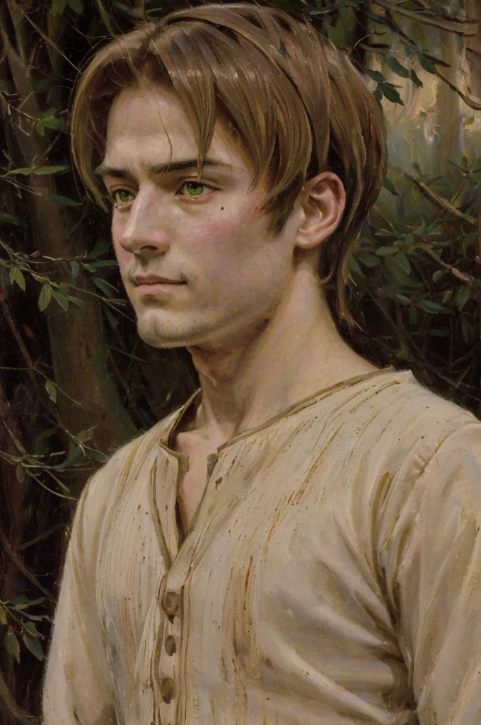 In realistic oil painting portrait of high quality and detail, Rudeus Greyrat (Mushoku Tensei), 19 century style, Classicism, 1man, full body, 1, sharp features, detailed face, sad smiling expression, a tall, well-built young teen man with a handsome appearance. He has light brown hair and green eyes, and he also has a mole under his left eye, dark and moody lighting, portrait, contrasting colors, subtle shadows, mysterious atmosphere, outdoors, dark forest on the background, he stands near the tree, (ultra-high detail:1.2), Masterpiece, Best Quality, Ultra-detailed, Cinematic lighting, 8K, delicate features, cinematic, 35 mm lens, f/1.9, highlight lighting, global lighting –uplight –v 4, Cinematic lighting, 8K, high quality, Highest Quality, (Solo Focus), (extremly intricate:1.3), (Realistic), masterful, Analog style, (Film grain:1.5), (warm hue, cold tone), Mystical powers, fantasy, Depth & Perspective, movie style, dark and mysterious atmosphere, 