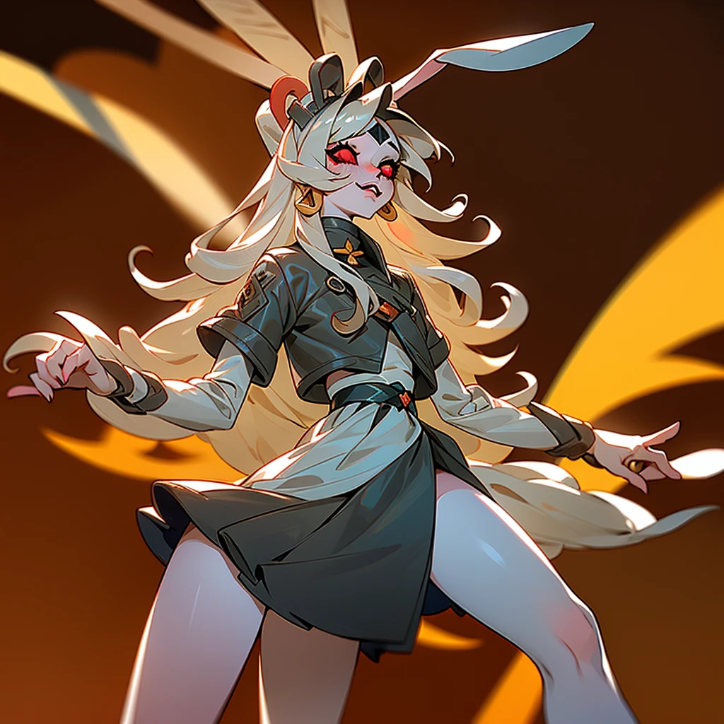 ((1Girl)) ((Bunny girl)) ((Bunny ears)) ((Bunny tail)) ((Cultist)) ((Heterochromia Iridium)) ((Black and Red eyes))

She has long white hair that touches the ground, she has heterochromia iridium, her left eye is red, and her right eye is black, she has pale skin, with freckles all over, she has long brown bunny ears, and a brown bunny tail, she has bunny whiskers, she dresses in a gothic fashion, wearing skirts, and tiny tops, she has bruised knees, and wears platforms, she is a bunny-human hybrid, she is a cultist, a cult leader, she has bangs covering a hole in her forehead, she has brusies on her body, holding a knife.