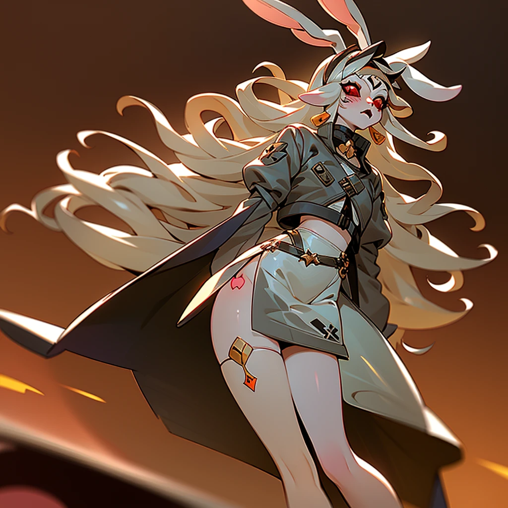 ((1Girl)) ((Bunny girl)) ((Bunny ears)) ((Bunny tail)) ((Cultist)) ((Heterochromia Iridium)) ((Black and Red eyes))

She has long white hair that touches the ground, she has heterochromia iridium, her left eye is red, and her right eye is black, she has pale skin, with freckles all over, she has long brown bunny ears, and a brown bunny tail, she has bunny whiskers, she dresses in a gothic fashion, wearing skirts, and tiny tops, she has bruised knees, and wears platforms, she is a bunny-human hybrid, she is a cultist, a cult leader, she has bangs covering a hole in her forehead, she has brusies on her body, holding a knife.